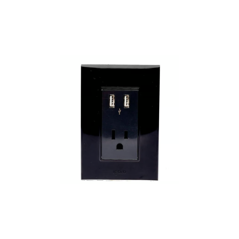 Placa Armada con Contacto y 2 Tomas USB, Negro Lugano Placa Armada con Contacto y 2 Tomas USB, Negro Lugano