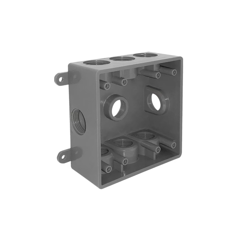 Caja Cuadrada No Metálica con 9 Orificios Roscados de 1/2¿ o 3/4¿ Gris Caja Cuadrada No Metálica con 9 Orificios Roscados de 1/2¿ o 3/4¿ Gris