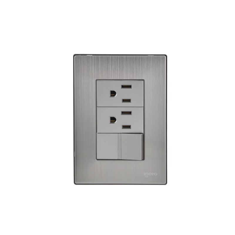 Placa Inox Con 1 Apagador Y 2 Contactos Placa Inox Con 1 Apagador Y 2 Contactos
