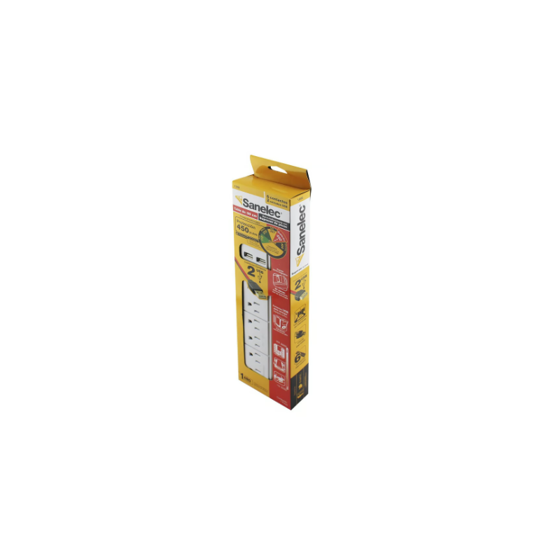 Supresor Sanelec Blanco 6 Entradas 2 USB 450Jl Supresor Sanelec Blanco 6 Entradas 2 USB 450Jl